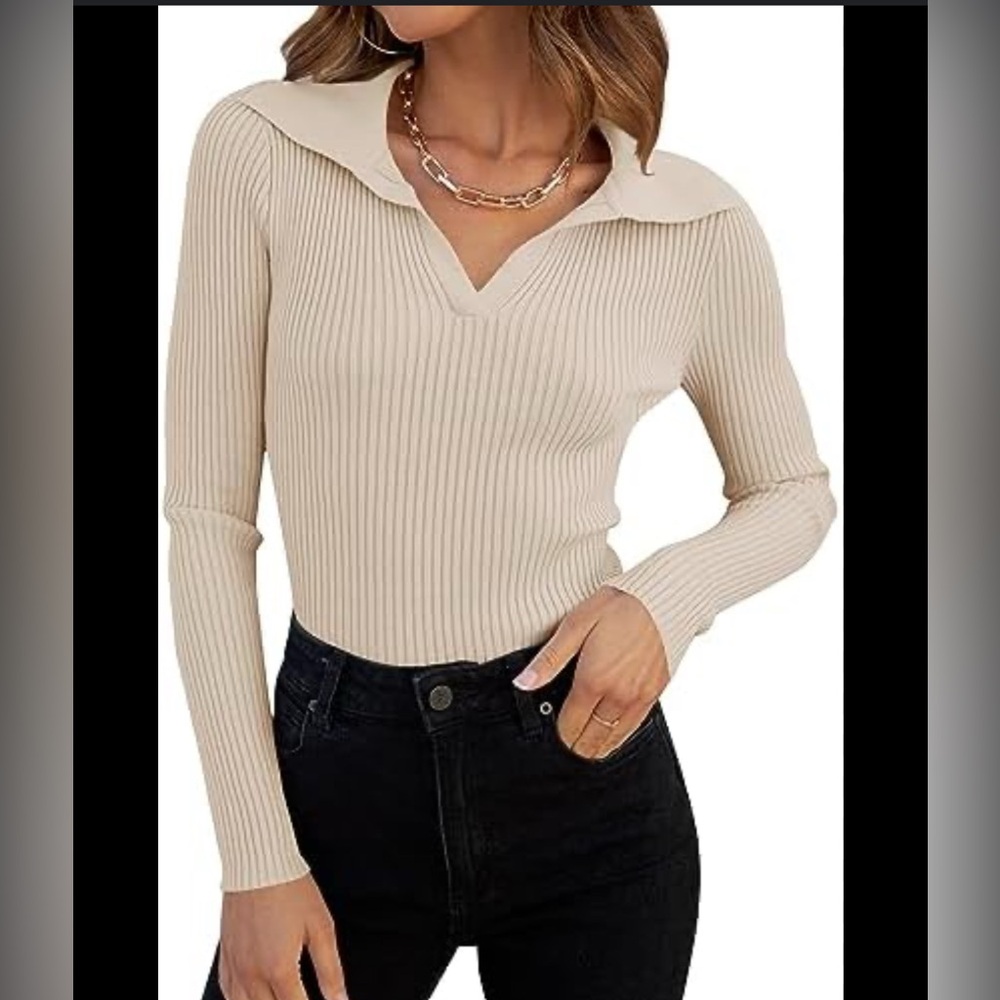 Rafaella Cream ribbed sweater with collar